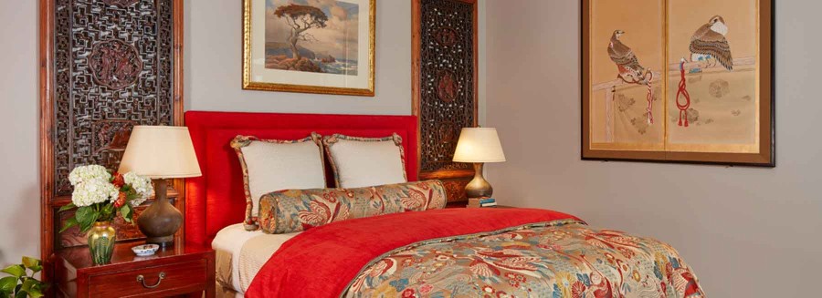 Chinese carved panels and chinese red duvet cover w/kimono fabric